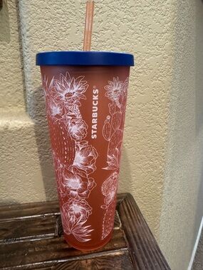 Starbucks Coral Floral Cactus Tumbler with Blue Lid and Straw - Collectable